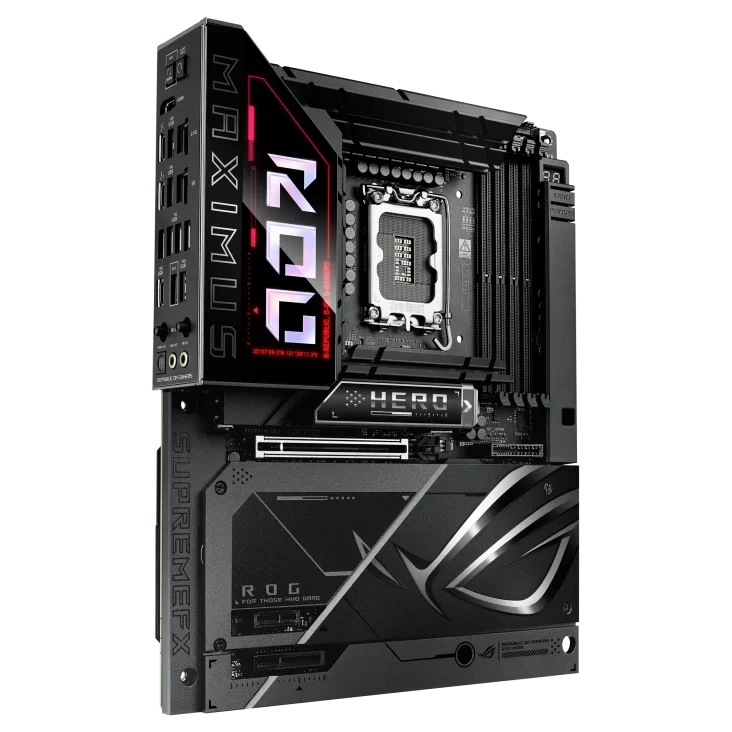 Carte mère ASUS ROG Maximus Z890 Hero BTF vue de trois quarts