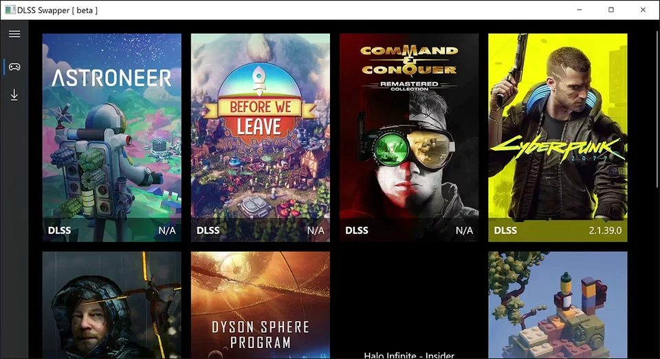 Interface de DLSS Swapper présentant une bibliothèque de jeux